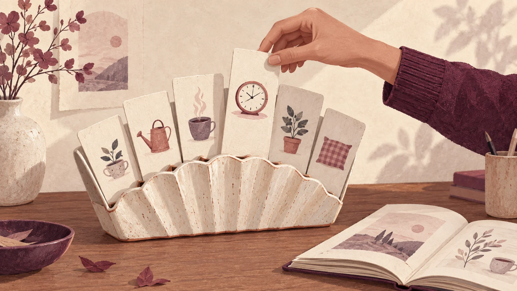 Editorial illustration of a small library of question cards