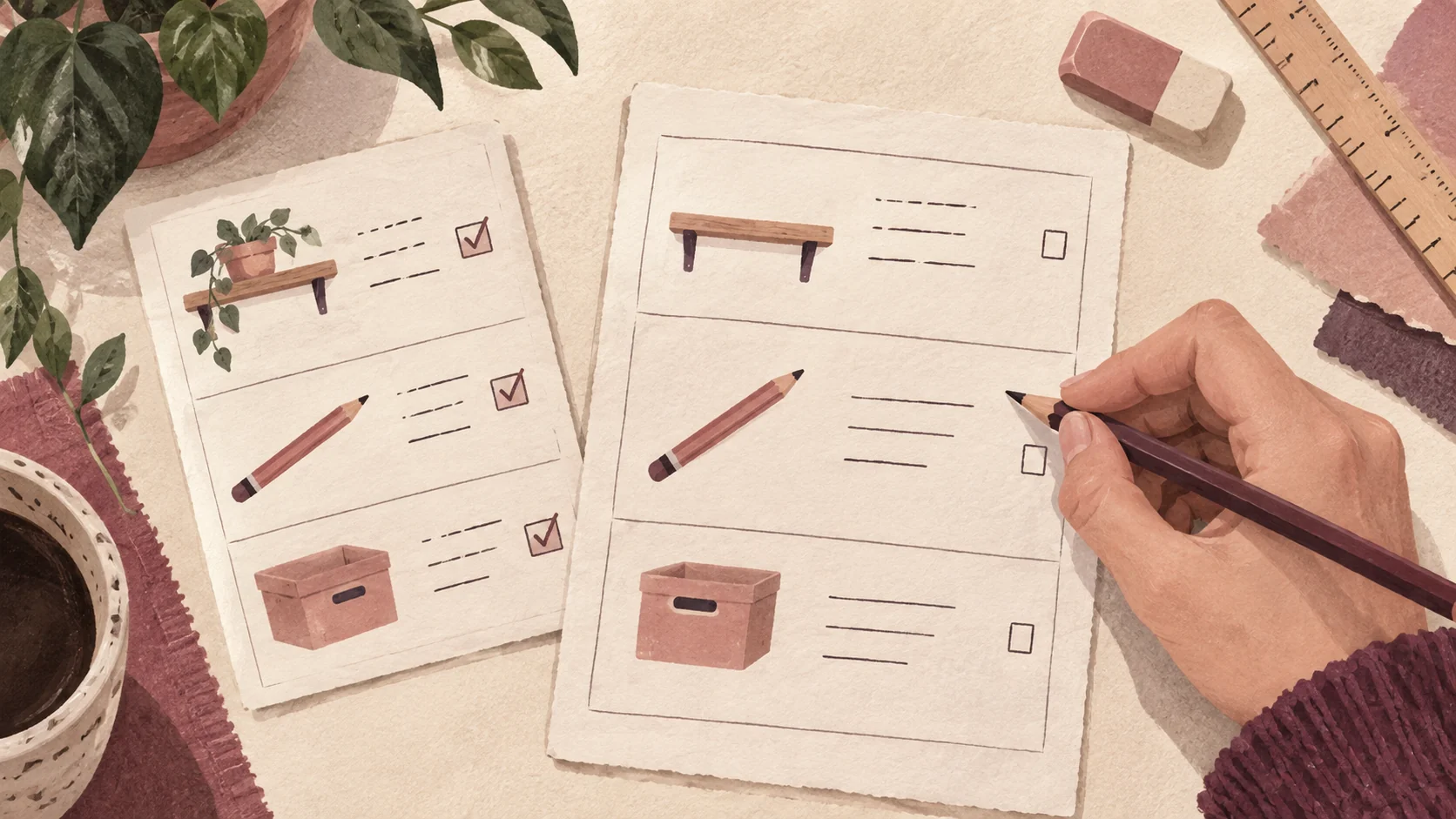 Illustration of a hand completing a planner beside a filled example with shelf, pencil and storage-box sketches