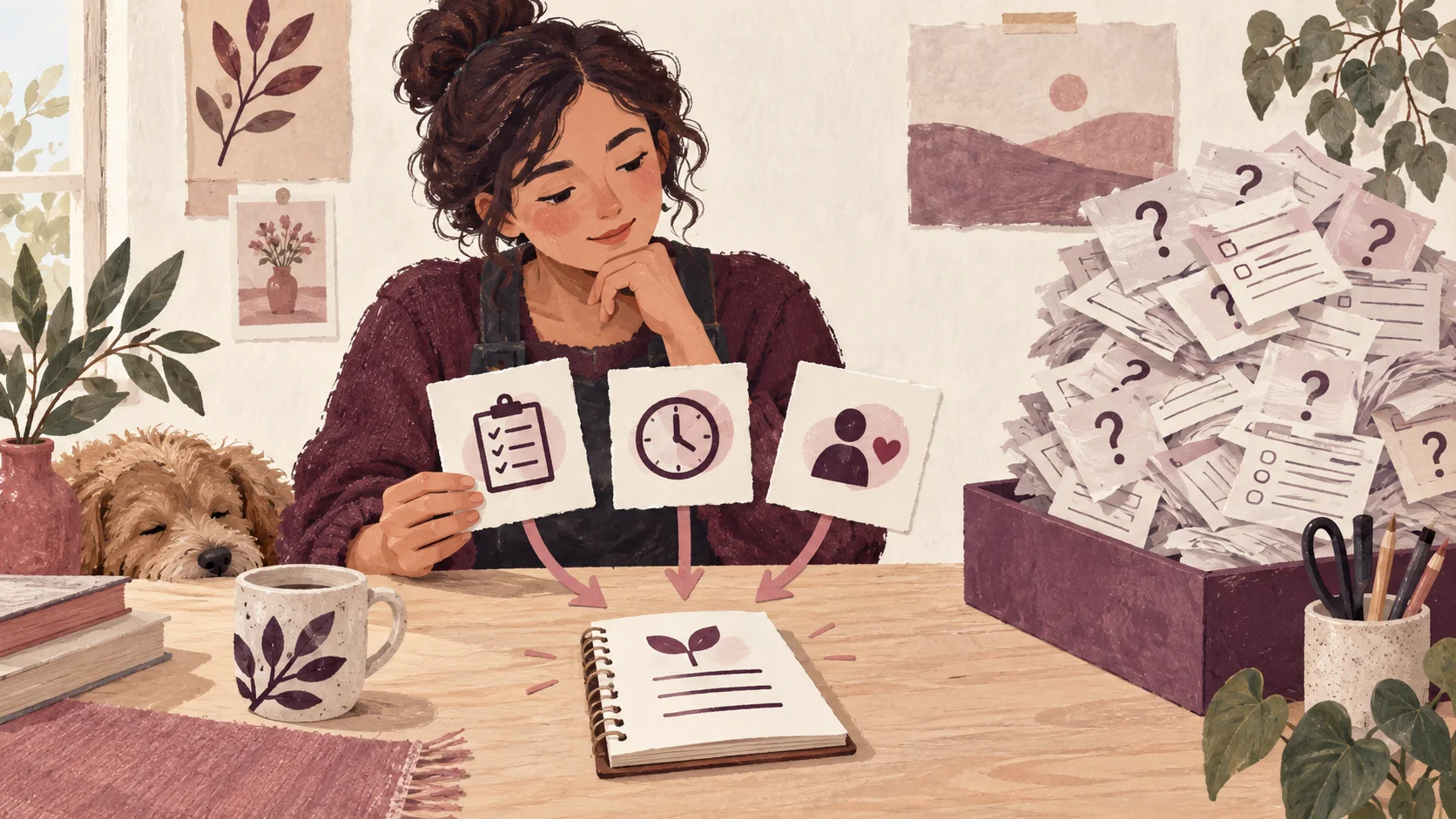 A business owner selects three useful question cards and sets aside a larger pile of forms.