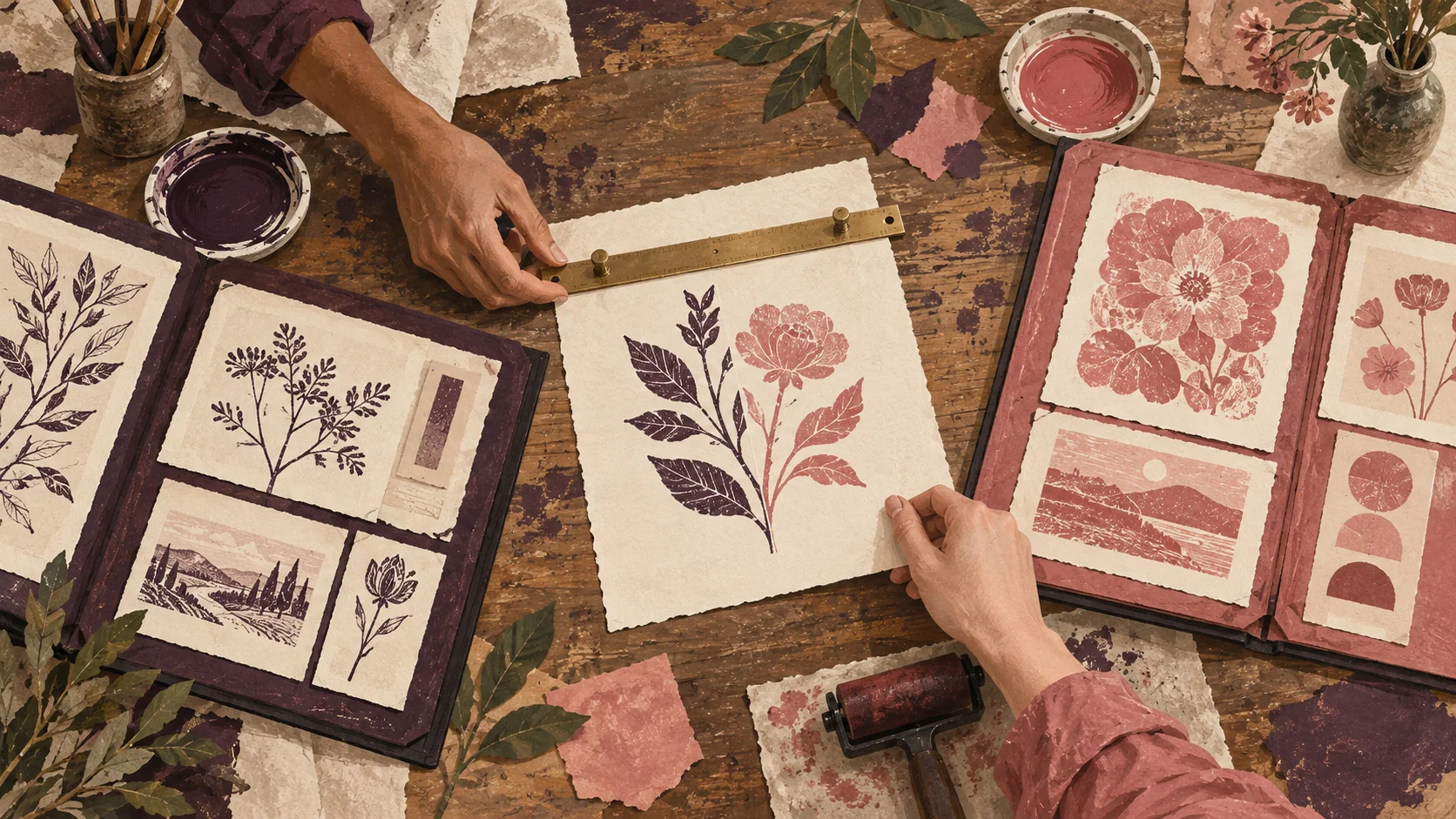 Illustration of two people’s hands reviewing a botanical print between two open art portfolios