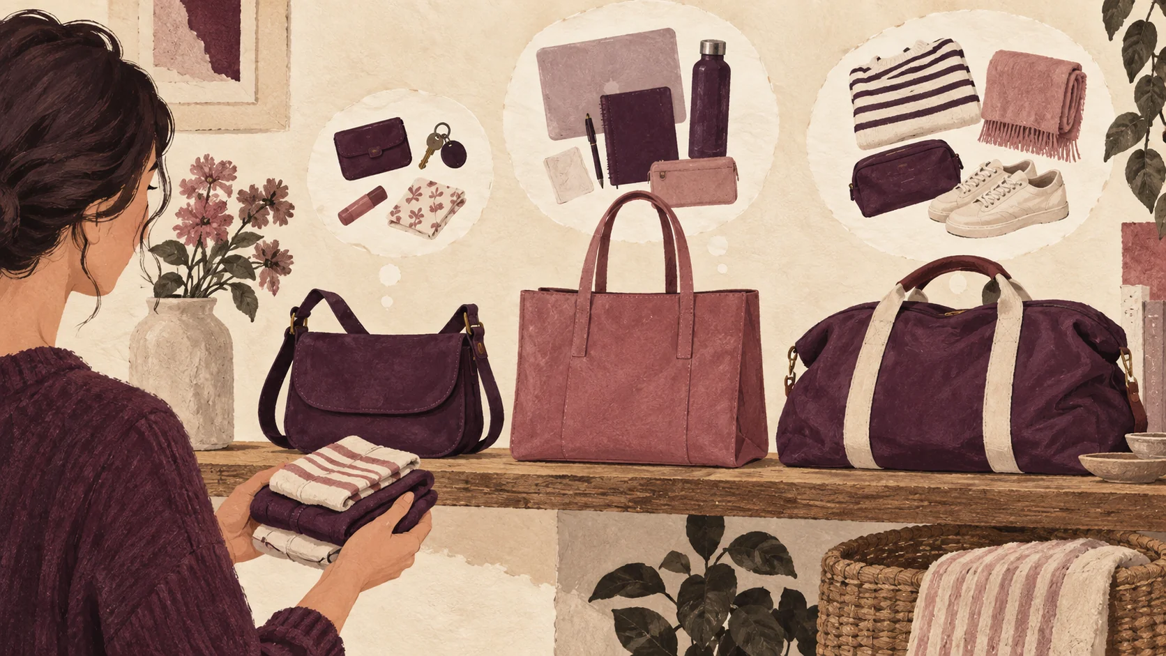 Illustration of three bags matched to different carrying needs