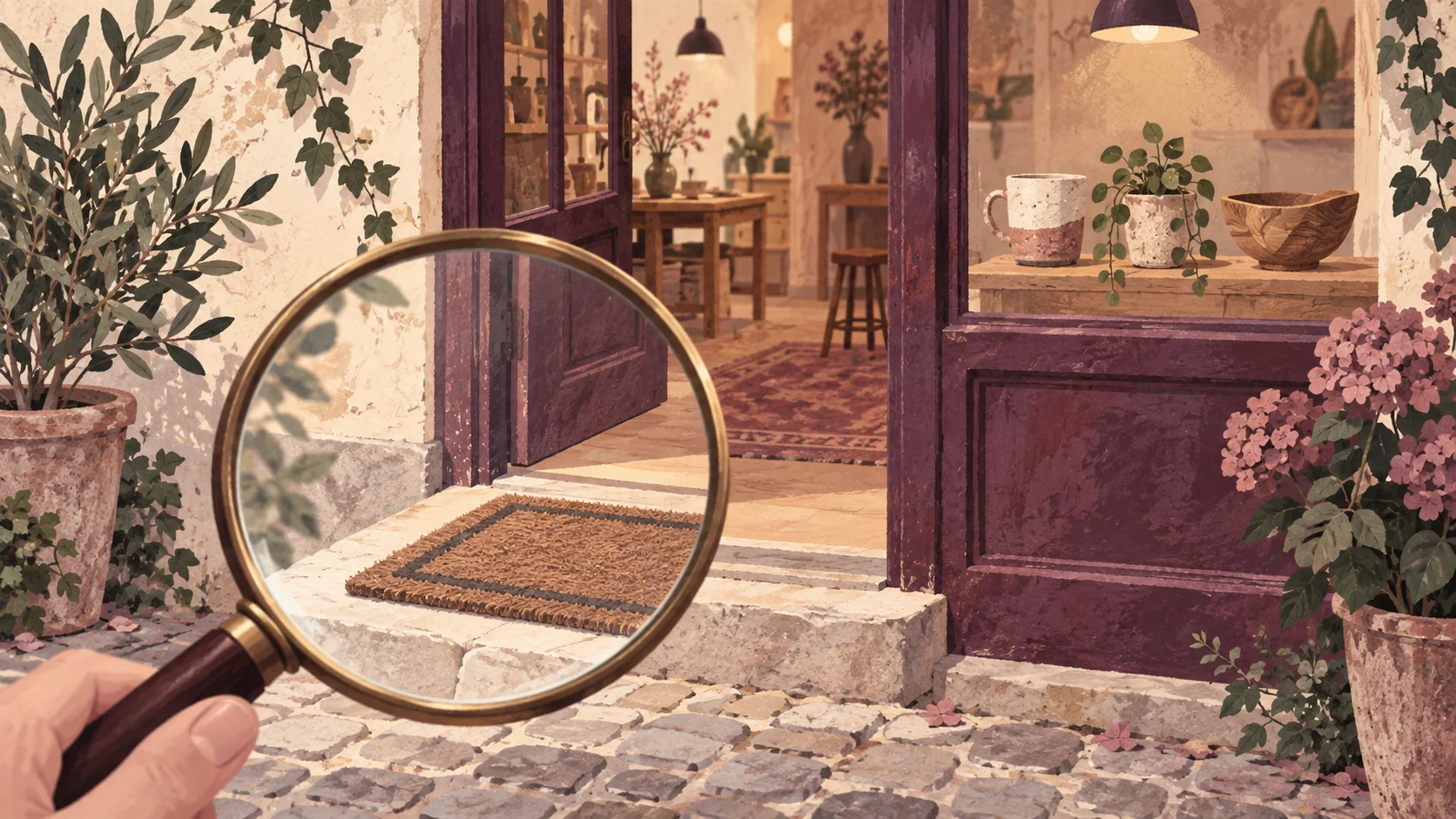 A magnifying glass examines the entrance and first view of an illustrated shop