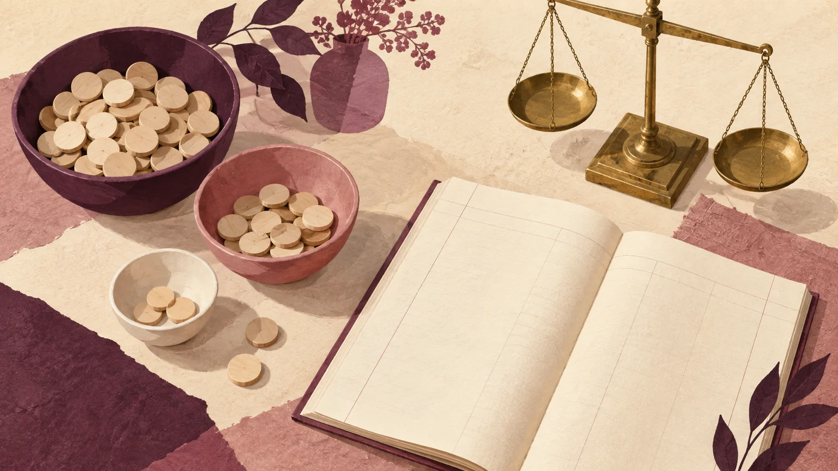 Illustration of three bowls of counters beside a blank ledger and a balance