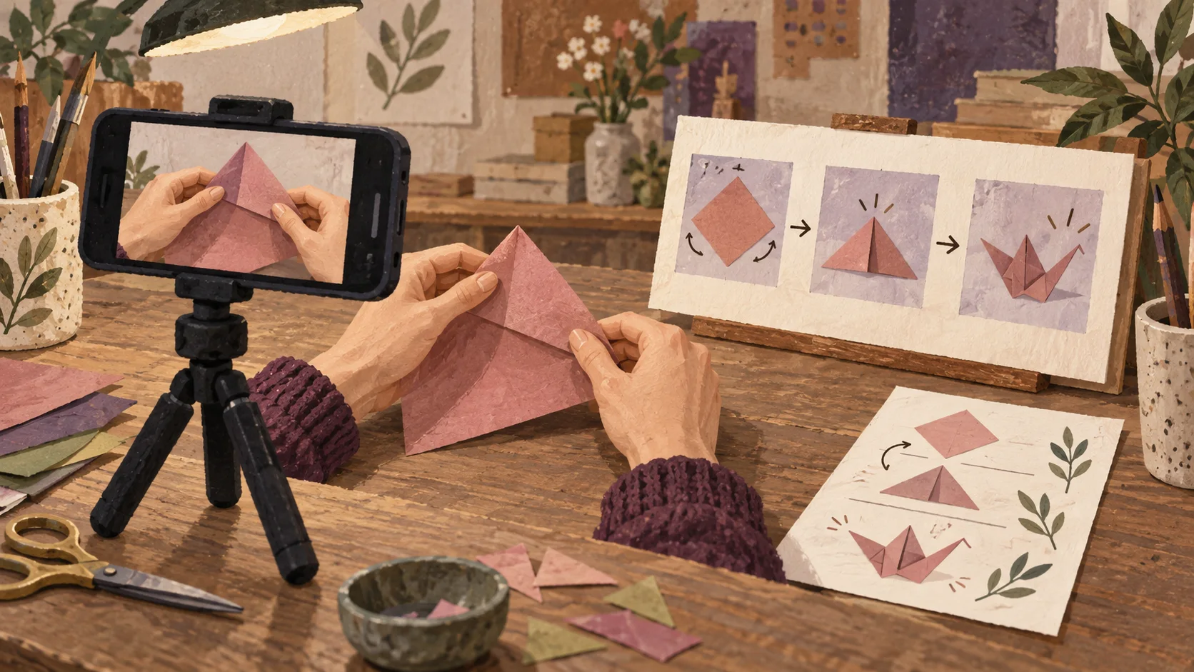 A phone records a paper-folding demonstration beside a storyboard and optional instruction sheet.