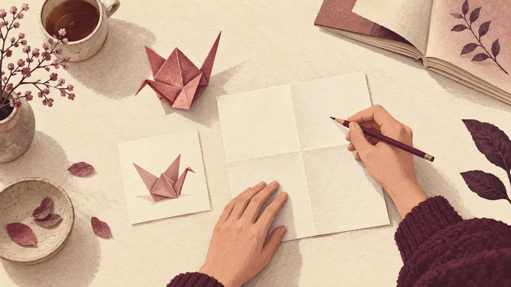 Illustration of hands beginning a paper task beside an origami crane and example card