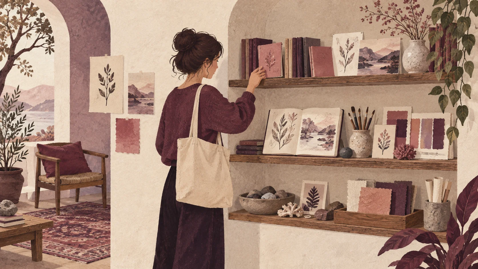 Illustration of a visitor choosing from three shelves of books and resource cards