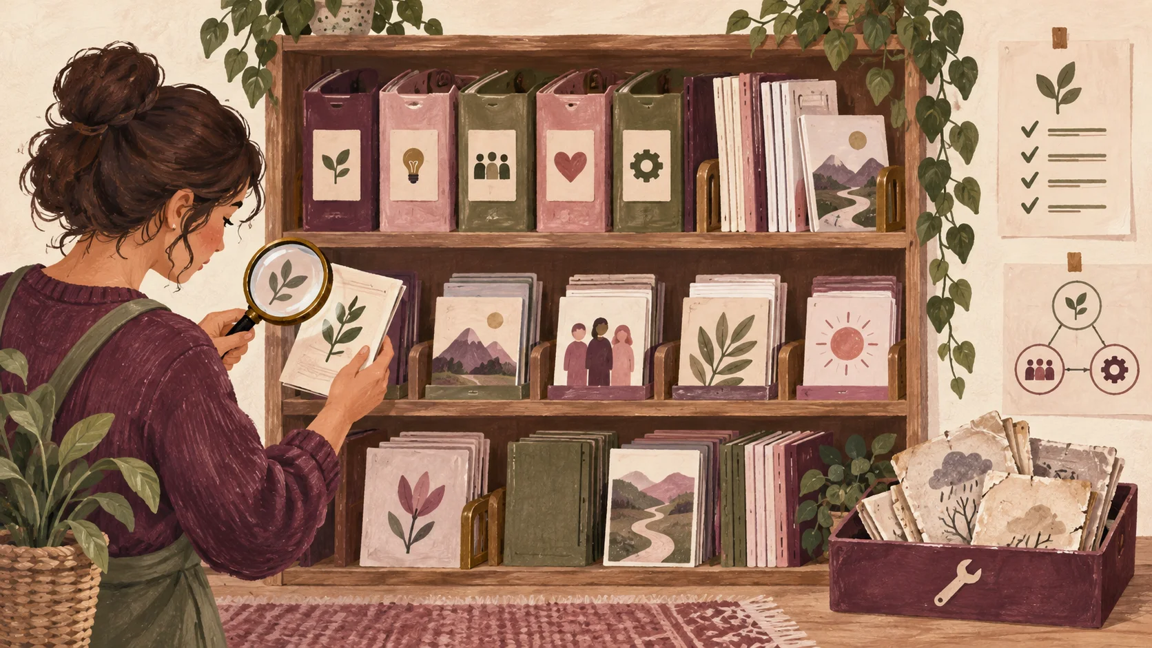 An editor inspects a resource shelf, with worn pages collected in a separate repair tray.