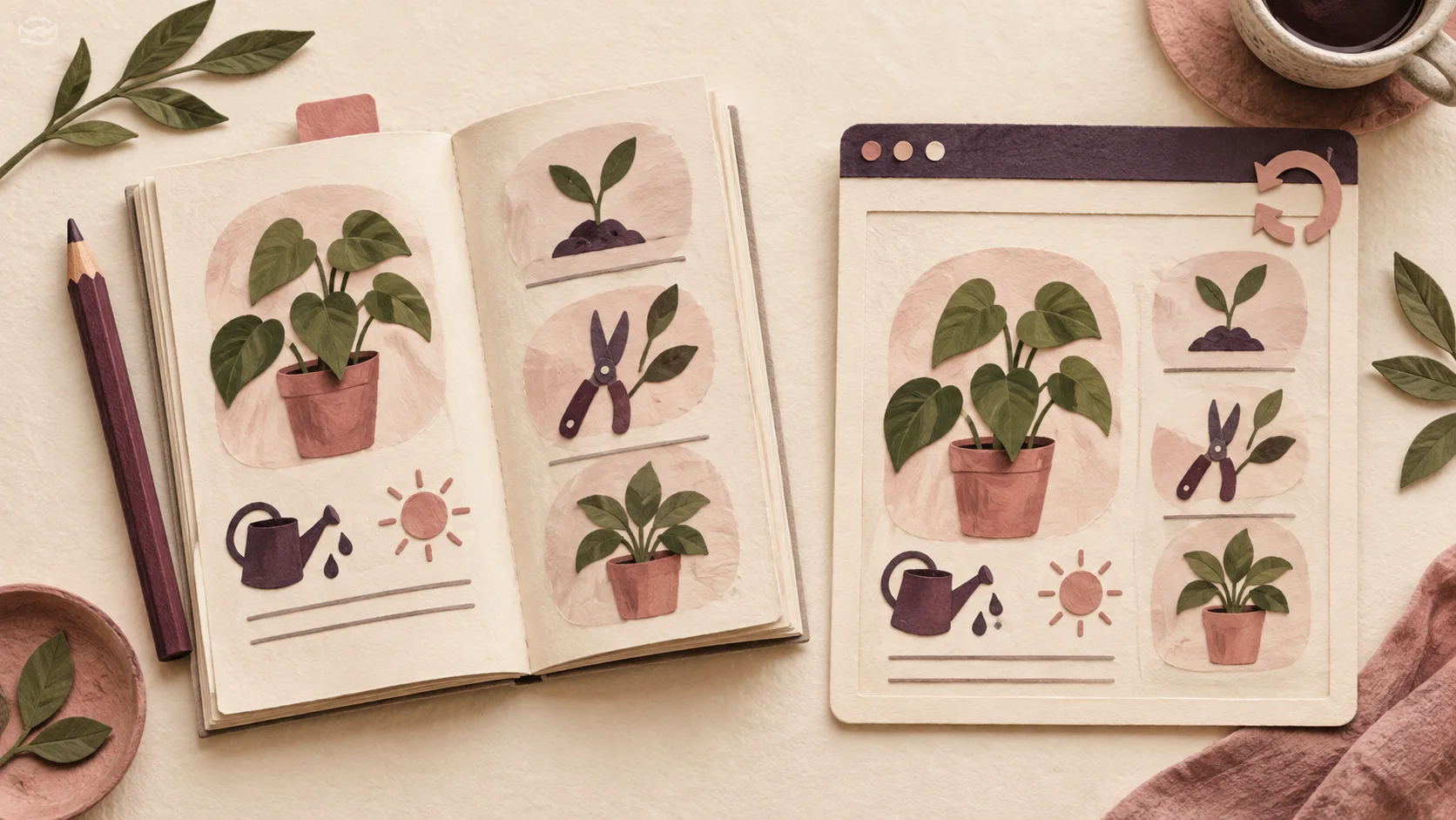 A printed booklet and browser-shaped paper frame present the same illustrated plant lesson.