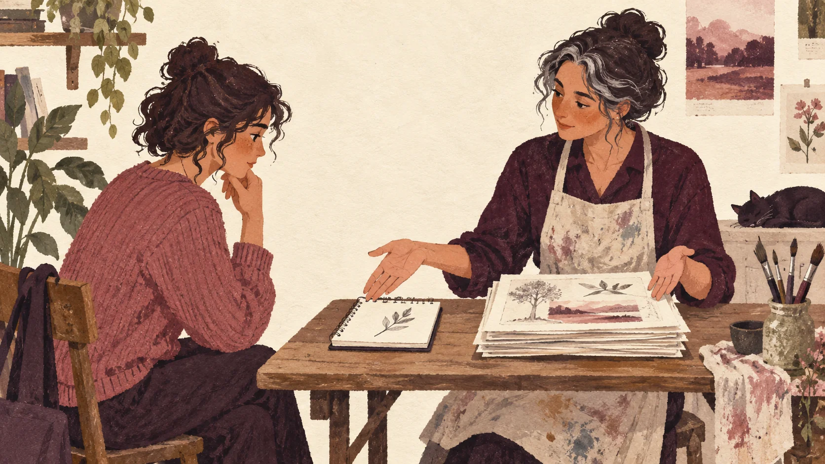 Illustration of an art teacher explaining example drawings to a thoughtful visitor