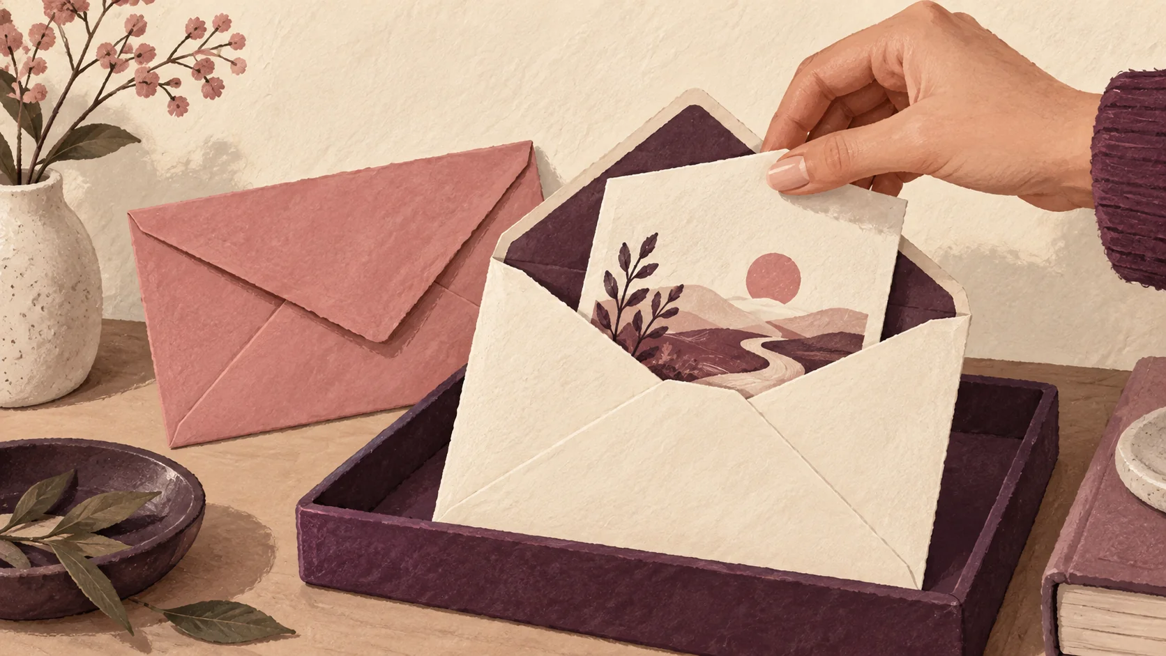 Illustration of a hand lifting an illustrated resource card from an envelope