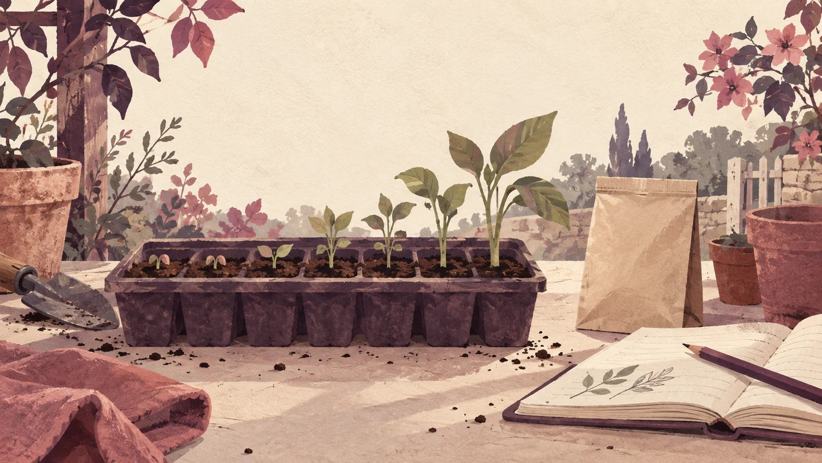 Illustration of seedlings at different stages beside a planting notebook