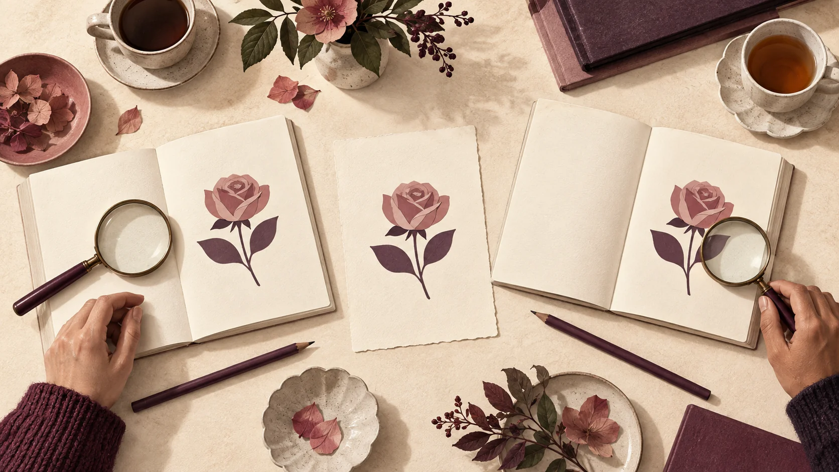 Two illustrated editions of a flower guide are compared beside a shared reference sheet.