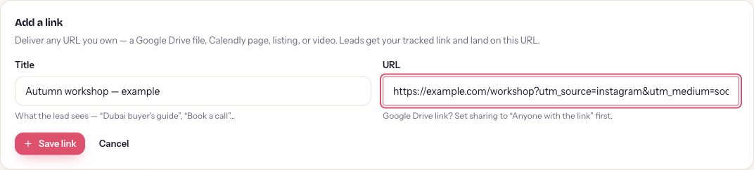 Actual ReplyMagnet Add link form with a fictional workshop destination in an unsaved demonstration