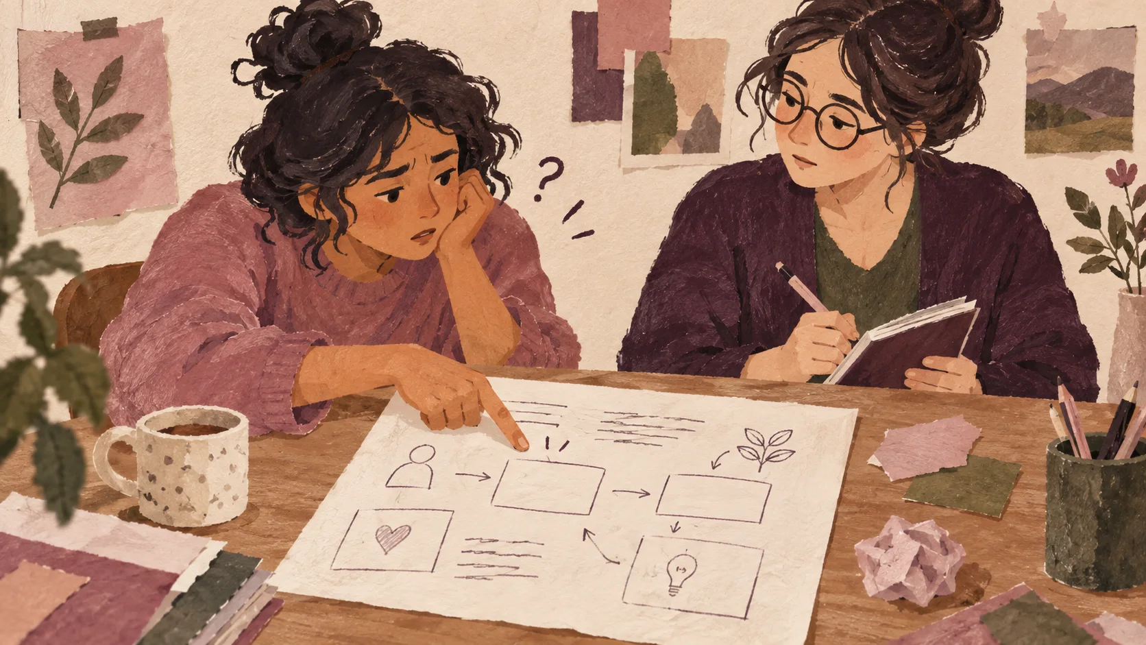 A reader points to an unclear part of a paper prototype while an observer takes notes.