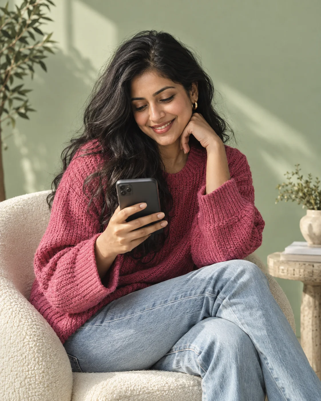 Illustrative creator enjoying a moment on her phone