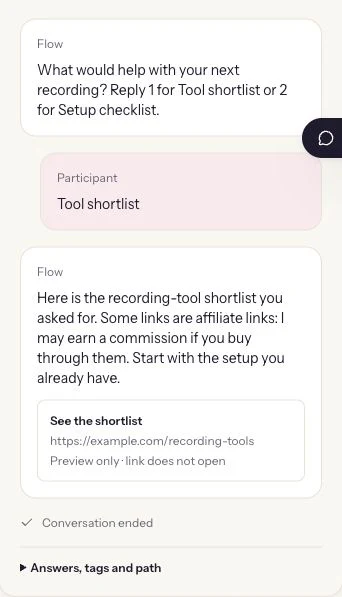 Real ReplyMagnet preview of the tool shortlist and setup checklist conversation