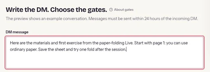 Real ReplyMagnet message setup for the paper-folding materials resource
