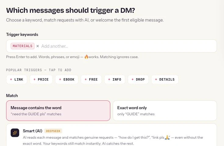 Real ReplyMagnet trigger configuration for the MATERIALS inbox keyword